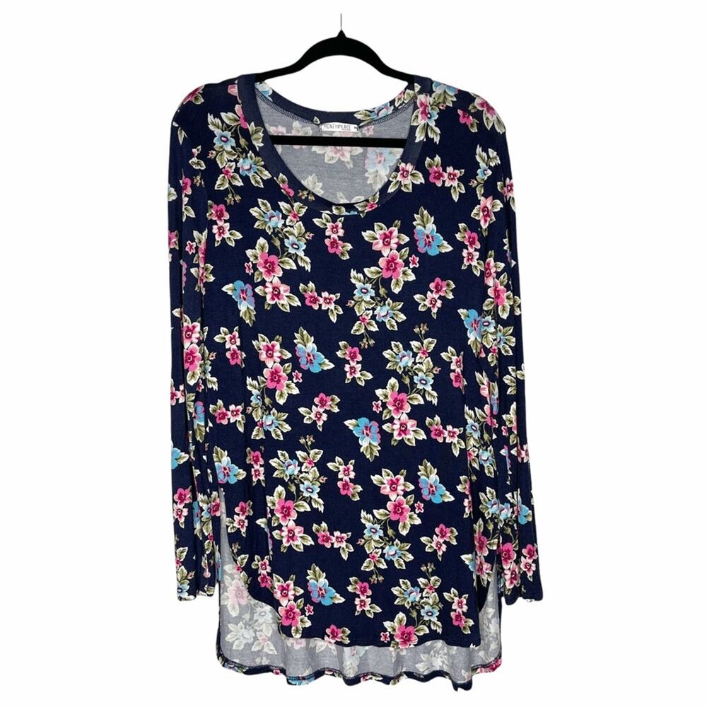 HONEY & LACE / blue & pink floral long sleeve tunic top / M